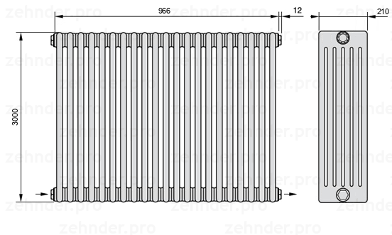 Схема (чертеж) Радиатор Zehnder Charleston 6300/21 №2670 Белый глянцевый RAL 9016